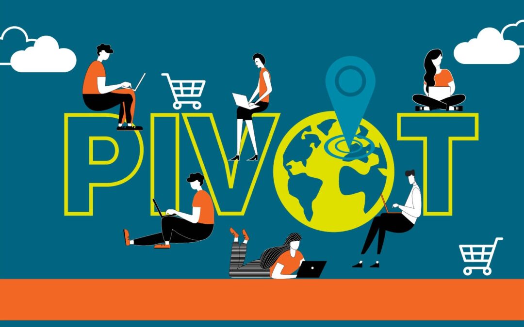 Illustration of people on laptops surrounding the word, "Pivot"